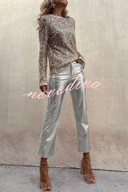 Sinclair Metallic Faux Leather High Rise Pocketed Straight Pants