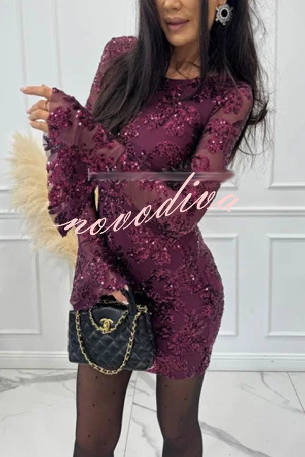Deep and Dazzling Floral Texture Sequin Long Bell Sleeve Open Back Mini Dress