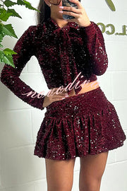 Solid Velvet Sequined Long Sleeve Tie Top and Seersucker Mini Skirt Set