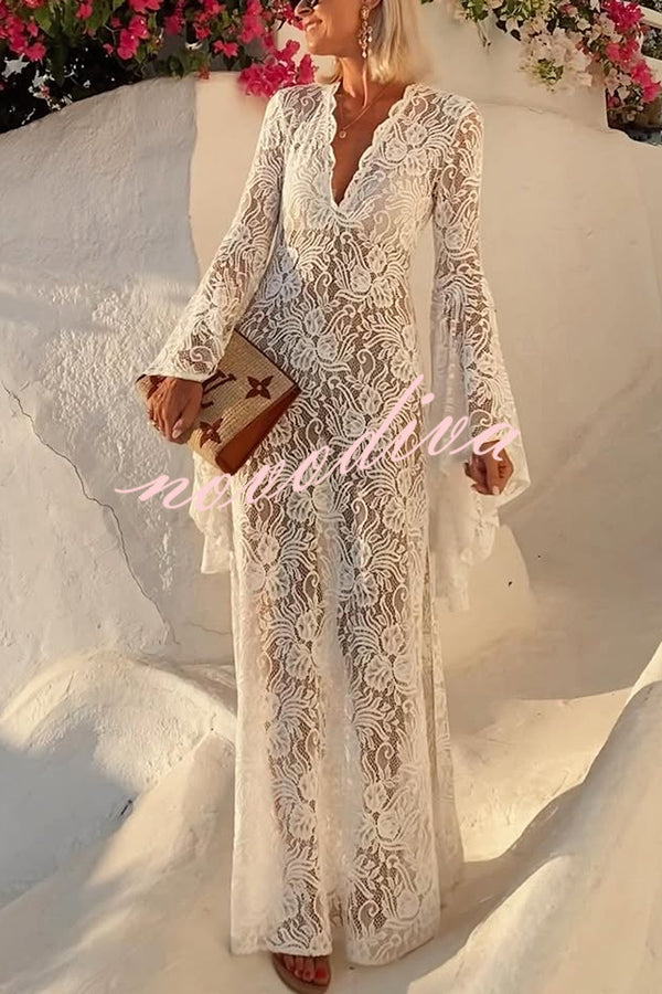 Dream Love Floral Lace Bell Sleeve V-neck Slit Maxi Dress