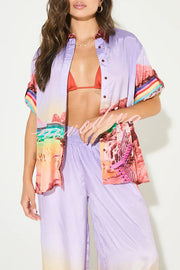 Lilac Sunrise Unique Print Short Sleeve Loose Shirt and Elastic Waist Pocket Pants Set