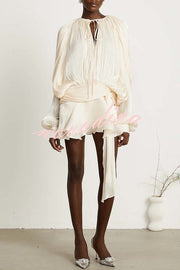 Ninah Glitter Fabric Pleated Balloon Sleeve Tiered Ruffle Hem Mini Dress