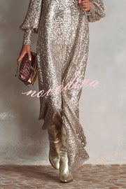 Minimalist Sparkling Sequin V-neck Long Balloon Sleeve Slit Party Maxi Dress
