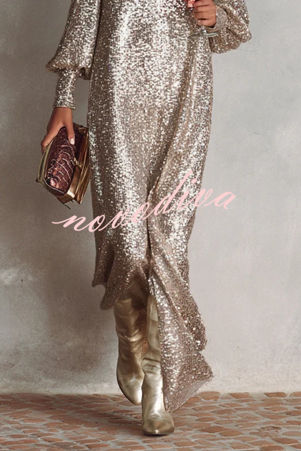 Minimalist Sparkling Sequin V-neck Long Balloon Sleeve Slit Party Maxi Dress
