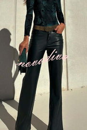 Stylish Faux Leather Pocketed Straight Stretch Pants