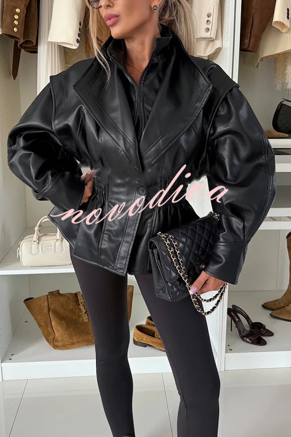 Play It Cool Faux Leather Single Button Elastic Waist Lapel Moto Jacket
