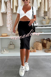 Perfect Basics Ribbed Knit Elastic Waistband Stretch Midi Skirt