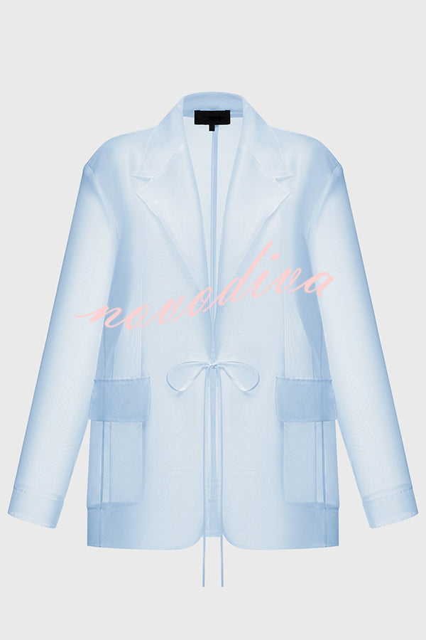 Simple and Light See-through Fabric Tie-up Long Sleeve Pocket Lapel Blazer