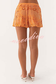 Dazzling Sequin Beaded Material Low Rise Elastic Waist Loose Shorts