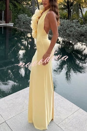 Vacay Mode Ruffles Trim Halter Backless Stretch Maxi Dress