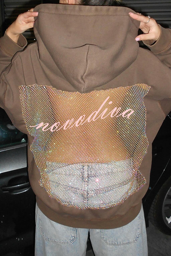 Fashionable Shiny Mesh Hollow Back Loose Long-sleeved Hooded Sweatshirt