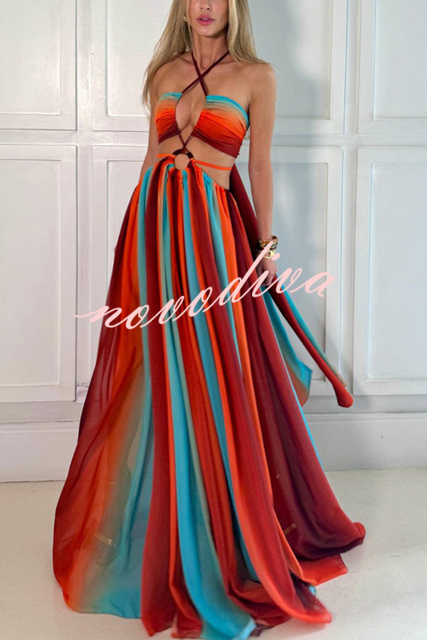 Variety of Styles Tulle Printed Ring Hollow Design Slit Vacation Maxi Dress