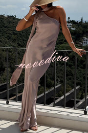 Cheers Babe Satin Solid Color Elegant One Shoulder Tie Maxi Dress