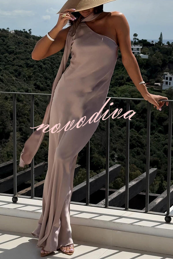 Cheers Babe Satin Solid Color Elegant One Shoulder Tie Maxi Dress