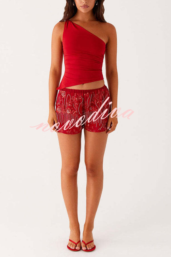 Dazzling Sequin Beaded Material Low Rise Elastic Waist Loose Shorts