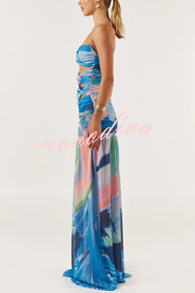 Colorful Ocean Mesh Printed Twist Cutout Off Shoulder Vacation Maxi Dress