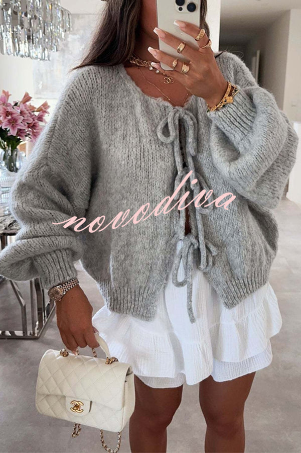 Solid Color Long-sleeved V-neck Lace-up Loose Knitted Sweater