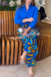 Ocean Heart Linen Blend Printed Ruched Hem Blouse and Belted High Rise Pocket Loose Pants Set