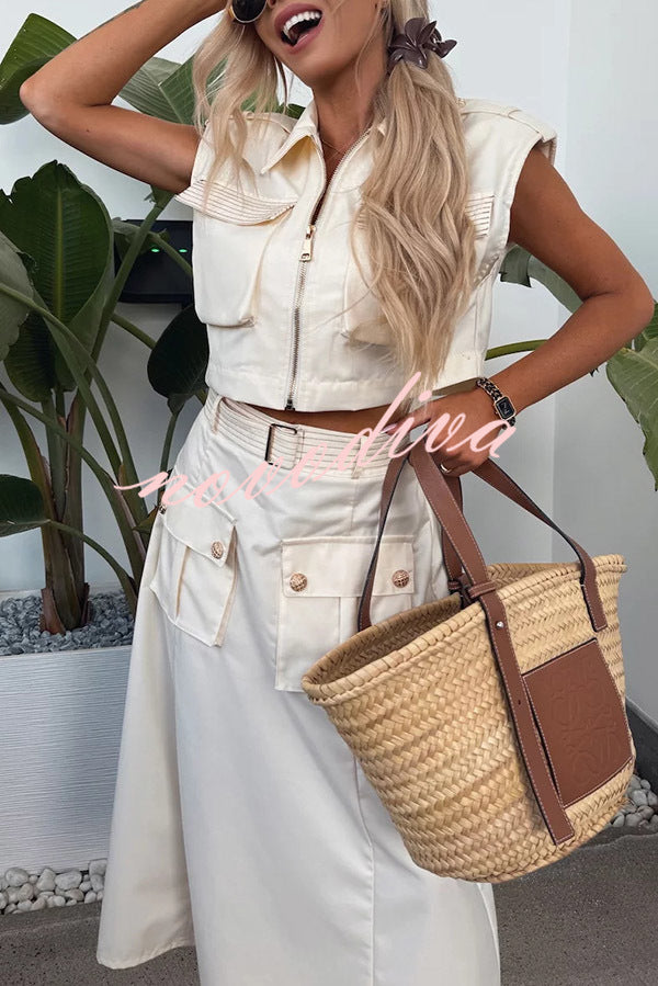 Athleisure Zipper Pocket Sleeveless Jacket and Belted Cargo Midi Skirt Set