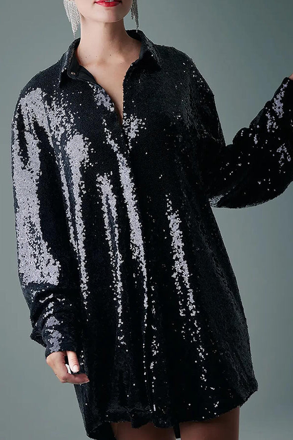 Solid Color Sequined Long-sleeved Casual Mid-length Loose Shirt