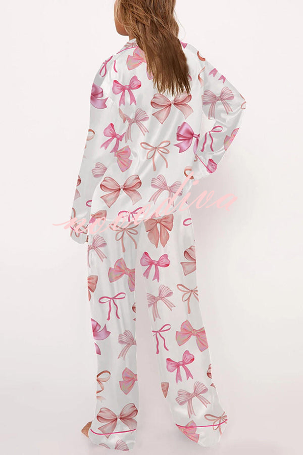 Stylish Bow-print Casual Long-sleeved Shirt and Elastic-waisted Wide-leg Pants Set