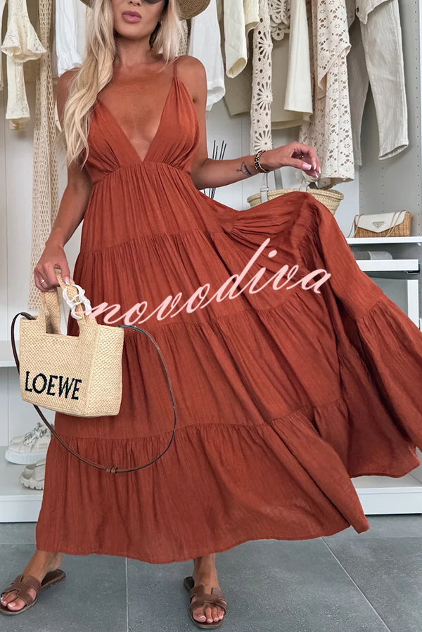 Bohemian Style V-neck Backless Slip Layered Vacation Maxi Dress