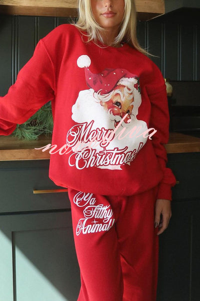 Christmas Santa Print Loose Round Neck Sweatshirt and Elastic Waist Casual Pants Set