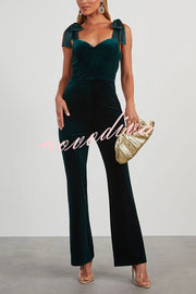 Merlot Sippin' Velvet Shoulder Tie Flare Stretch Jumpsuit