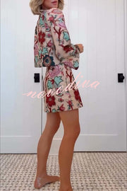 Autumn Garden Printed V-neck Long Bell Sleeve Top and Mid Rise Skirt Set