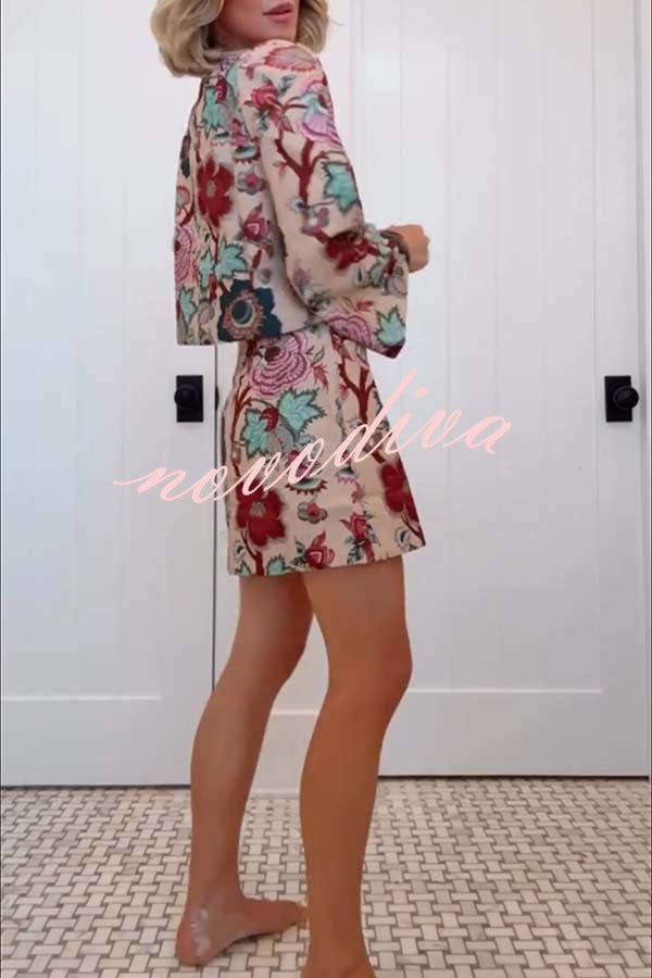 Autumn Garden Printed V-neck Long Bell Sleeve Top and Mid Rise Skirt Set