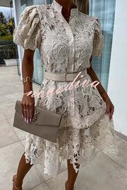 Absolutely Elegant Floral Crochet Lace Puff Sleeve Belted Shirt Midi Dress