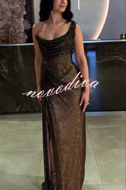 Glitzy Gala Sequin One Shoulder Ruched Slit Maxi Dress