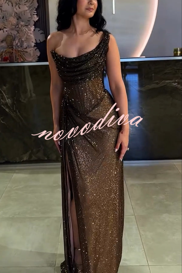 Glitzy Gala Sequin One Shoulder Ruched Slit Maxi Dress