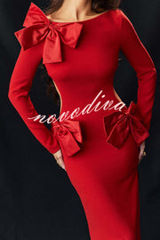 Lovely Bow Cutout Button Back Zipper Long Sleeve Maxi Dress