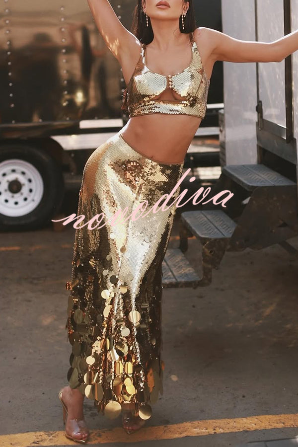 Party Sequin Button Crop Tank and Irregular Round Sequin Tassels Hem Maxi Skirt Set