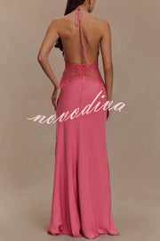 Seductive Details Satin Lace Waist Halter Tie-up Backless Maxi Dress