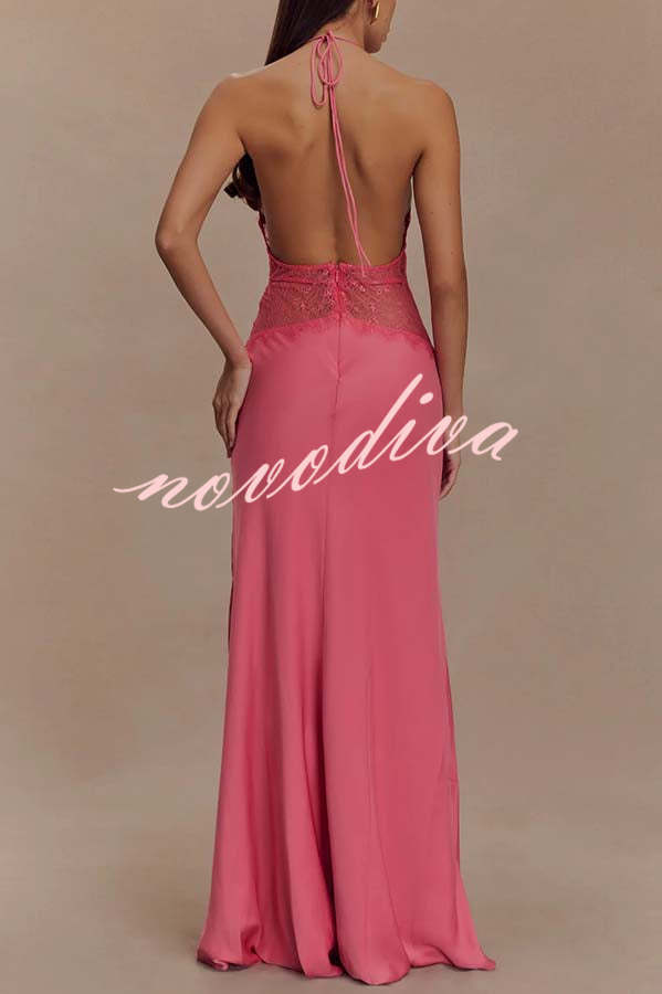 Seductive Details Satin Lace Waist Halter Tie-up Backless Maxi Dress