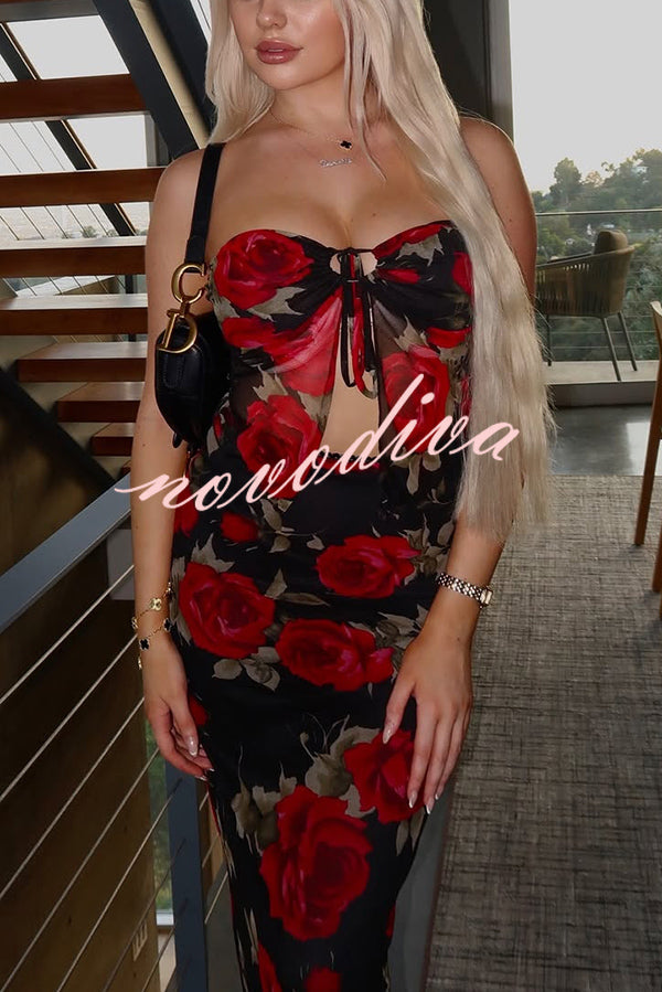 Floral Print Sexy Bandeau Lace-up Top and Slim Mesh Stretch Maxi Skirt Set