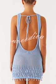 Fashion Knit Hollow Beaded Tassel Embellished Sleeveless Slim Mini Dress