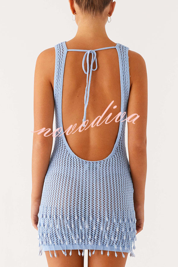 Fashion Knit Hollow Beaded Tassel Embellished Sleeveless Slim Mini Dress