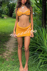Sexy Halterneck Pearl-embellished Lace-up Tank and Fitted Knit Mini Skirt Set