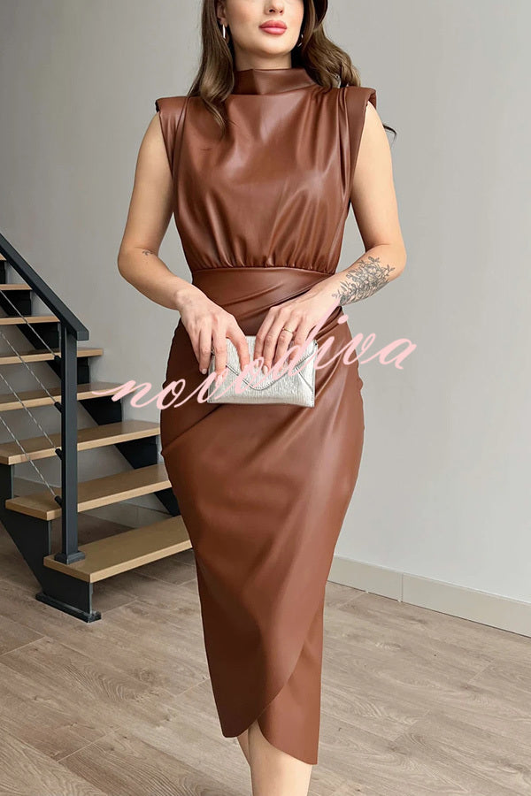 Elouise Faux Leather Turtleneck Shoulder Pads Ruched Slit Midi Dress