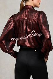 Ariella Metallic Satin Fabric Tie-up Bow Neck Long Sleeve Blouse