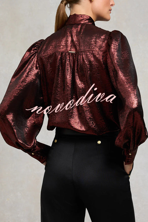 Ariella Metallic Satin Fabric Tie-up Bow Neck Long Sleeve Blouse