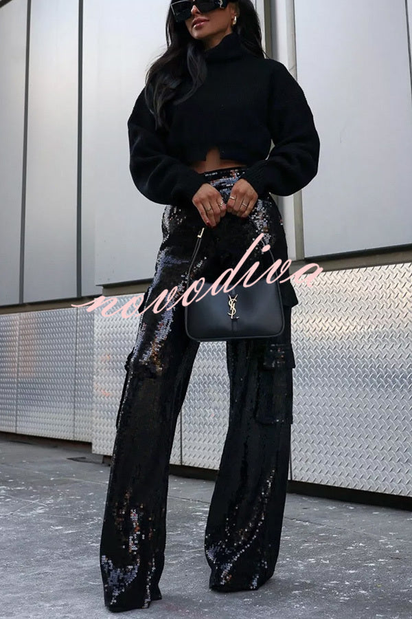 Night Gathering Sequin High Rise Pocketed Wide Leg Cargo Pants