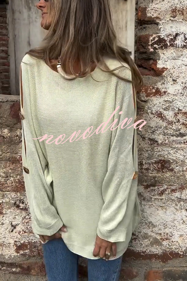 Solid Color Round Neck Hollow Long Sleeve Loose Knitted Sweater