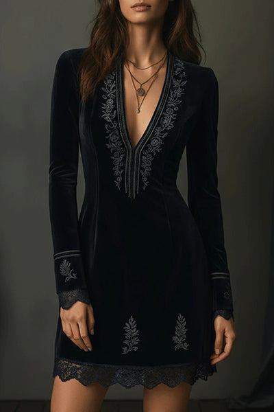 Fashionable Velvet V-neck Long-sleeved Lace-trimmed Mini Dress