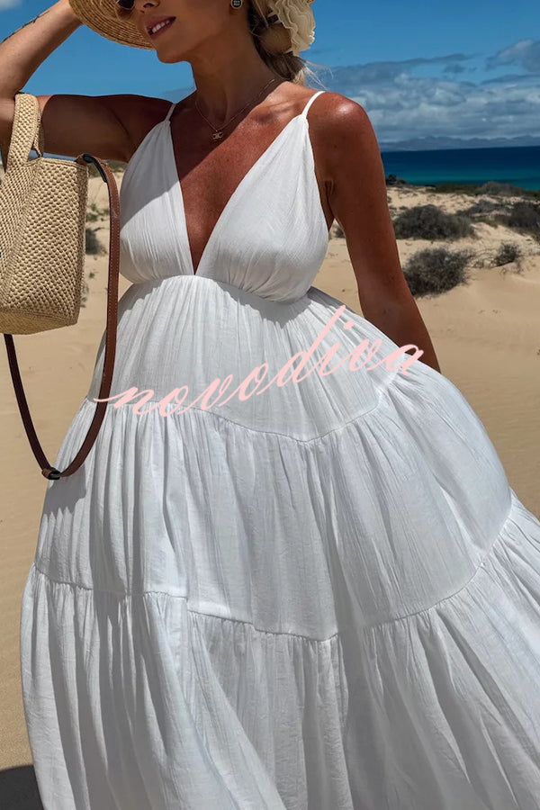 Bohemian Style V-neck Backless Slip Layered Vacation Maxi Dress