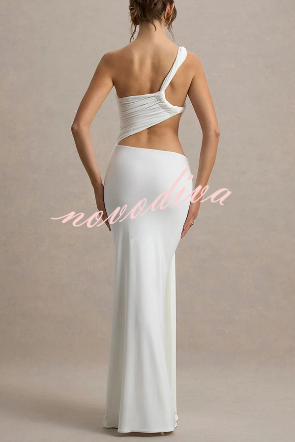 Sexy One-shoulder Backless Ribbon Pleated Slim Maxi Dress