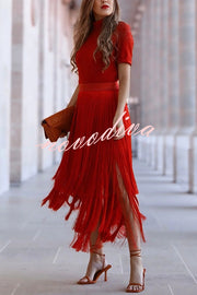 Elegant Tassel Hem Elastic Waist Casual Maxi Skirt